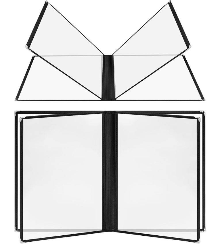 Menu de restaurant en plastique transparent avec bord en cuir , 6 pages, 12 vues, format A4 8,5 x 11 pouces